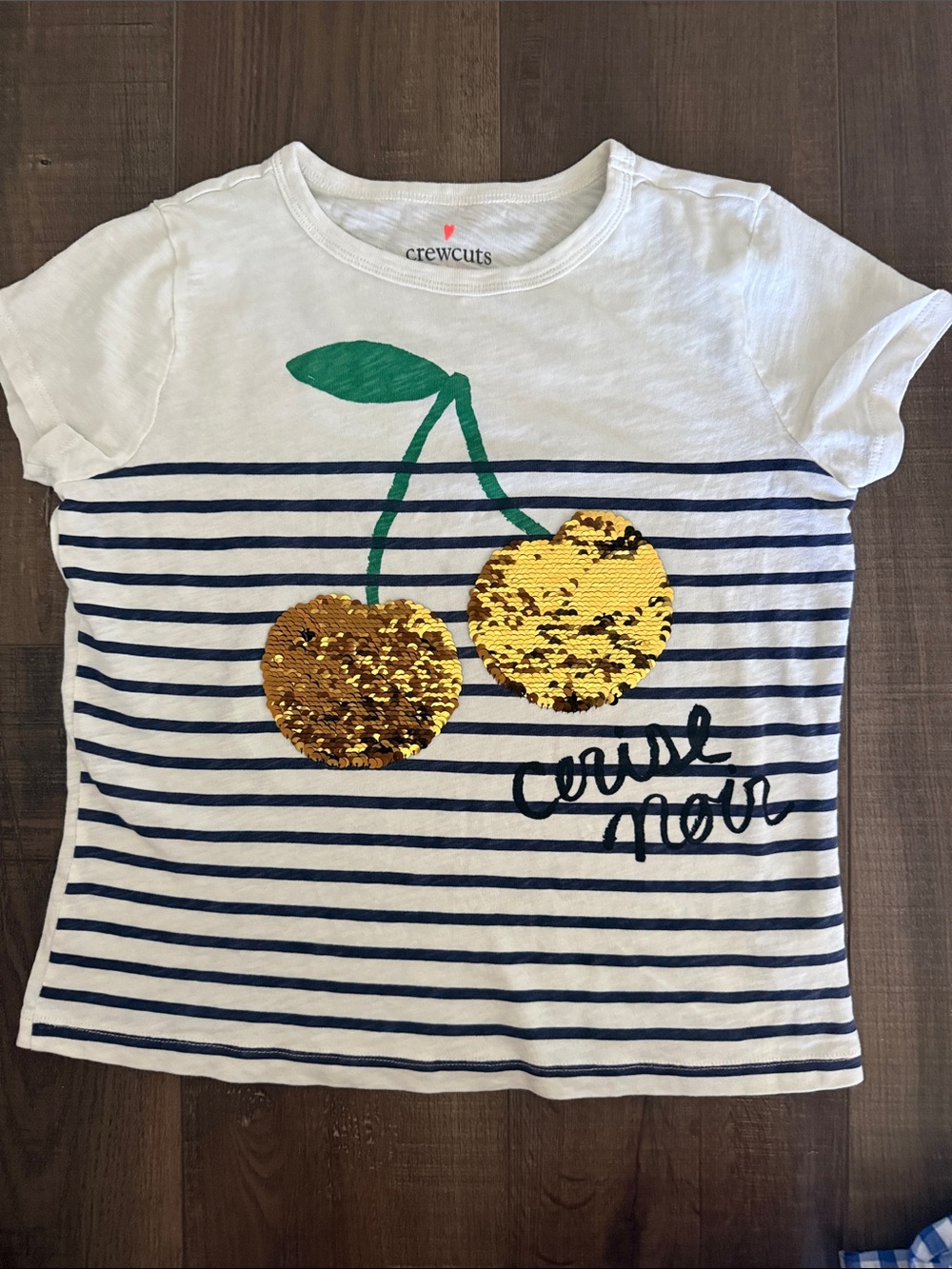 Crewcuts White Navy Stripe Tee with Gold Sequin Cherries